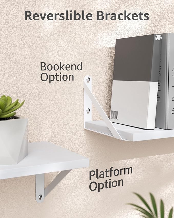 Wall Shelves 7.3" Deep Set of 4, Solid Paulownia Wood Wider Longer Sturdy Easy to Install Wall Mounted Bookshelves Storage Shelves Bathroom Home Office Laundry Room Bedroom Organizer White