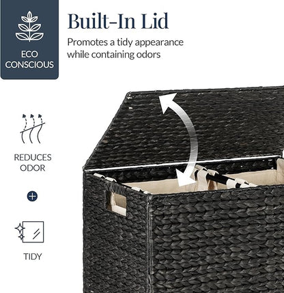 Best Choice Products Large Double Laundry Hamper with Lid, Natural Handwoven Water Hyacinth, 2 Sections w/ 2 Machine Washable Linen Liner Bags, Portable, Handles - Black