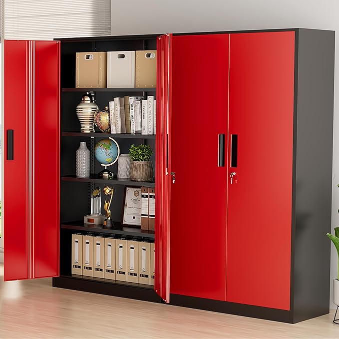 Greenvelly Metal Storage Cabinet with Doors and Shelves, 72" Inch Locking Metal Cabinet,Garage Storage Cabinet for Garage Office School Warehouse (Black Red)