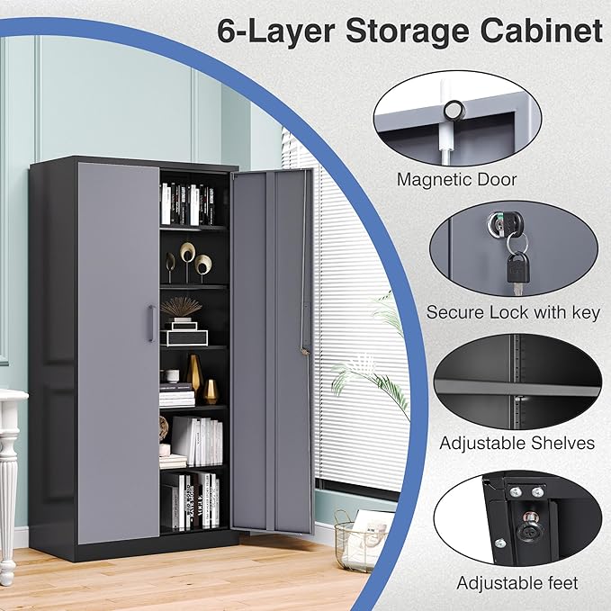 72" Metal Locker Storage Cabinet,72" Tall Locking Cabinet with Doors and Adjustbale Shelves,File Cabinets for Basement,Garage,Home Office