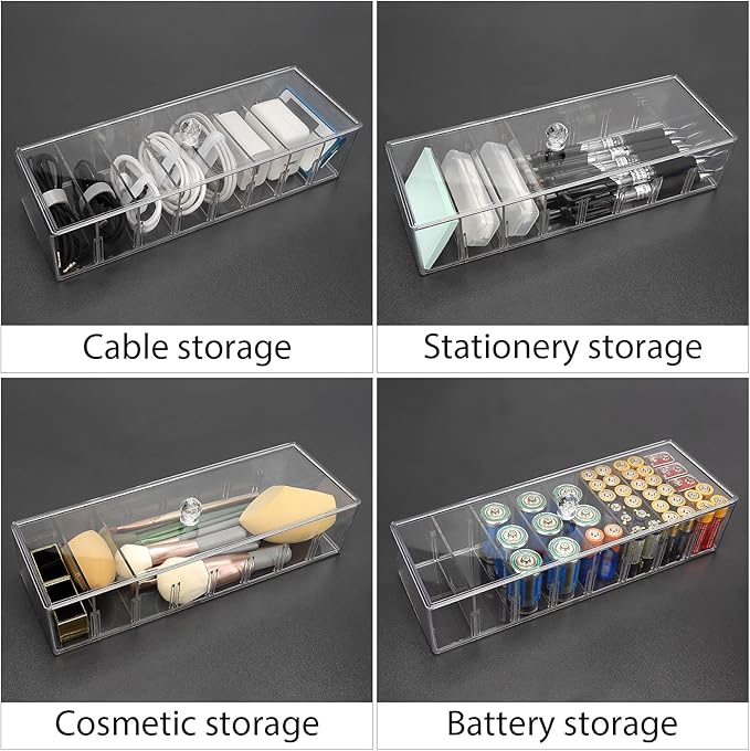 Cable Organizer Box with 10 Wire Ties, Clear Charger Cord Storage Organizer Case, Desktop Drawer Accessories Power Wire Storage with 8 Compartments, Office, Home, Stationery Storage Supplies