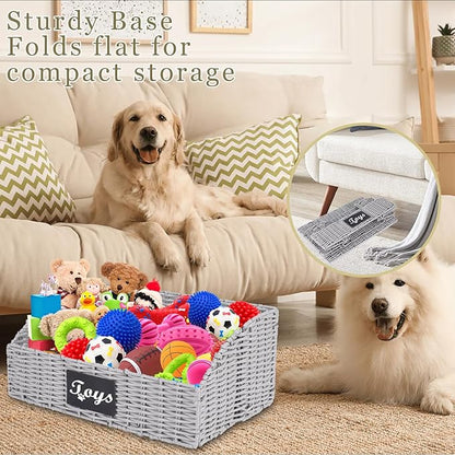 Dog Toy Basket,Cat Toys Bin,Woven Storage basket for Dog Cat Toys,Foldable Dog Toy Box for Living Room Area,Pet Organizer with Wire Frame,Ideal for Pet Accessories(Gray)