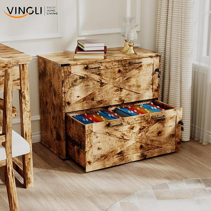 VINGLI 2 Drawer File Cabinet with Lock, Home Office Filing Organizer, for Letter Legal A4 Size File Folder Storage, Modern Farmhouse, Wood Lateral Filing Cabinet, Archivador (Rustic Brown)