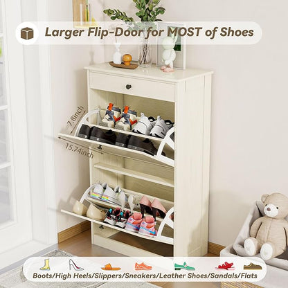 Shoe Cabinet with 2 Flip Drawers, Slim Freestanding Hidden Shoe Organizer with Drawer, Pet-Proof Shoe Storage Cabinet for Entryway Living Room Behind The Door, Light Oak