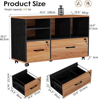 2 Drawer Wood Mobile Large Lateral File Cabinet, Lockable Rolling Filing Cabinet with Storage Shelves, Printer Stand Office Storage Cabinet for Home Office Fits Files Legal/A4, Rustic Brwon