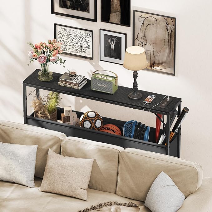 Console Tables with Charging Station and Storage Basket, 47.2'' Entryway Table Narrow with Power Outlets USB Ports, Couch Table Behind Sofa, Hallway Table for Foyer, Living Room, Black