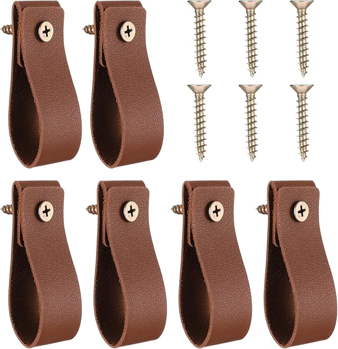 6 Pcs PU Leather Wall Hooks Curtain Rod Hanging Straps Towel Holder Hanger Cabinet Handle Loop Storage Supplies Boho Style Decor for Bathroom Kitchen Bedroom