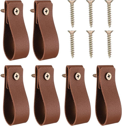 6 Pcs PU Leather Wall Hooks Curtain Rod Hanging Straps Towel Holder Hanger Cabinet Handle Loop Storage Supplies Boho Style Decor for Bathroom Kitchen Bedroom