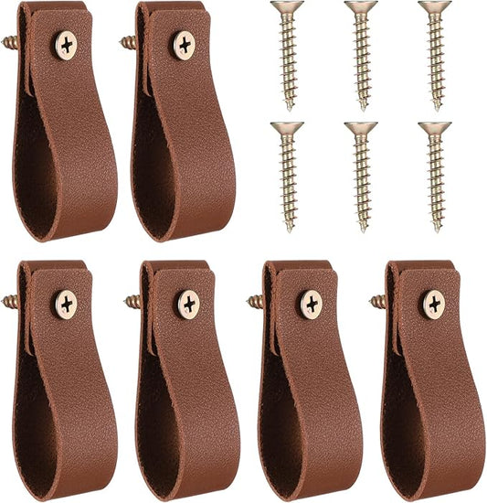6 Pcs PU Leather Wall Hooks Curtain Rod Hanging Straps Towel Holder Hanger Cabinet Handle Loop Storage Supplies Boho Style Decor for Bathroom Kitchen Bedroom