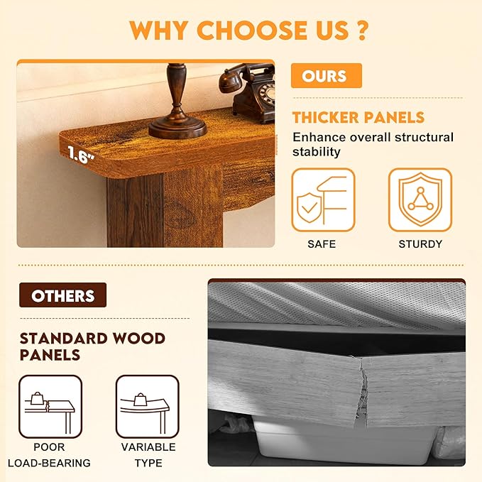 51 Inch Entryway Table U-Shaped Extension, 1.6 Inch Thick Desktop Wooden Console Table with Socket Farmhouse Sofa Table for Entrance, Hallway, Living Room,Behind Couch(Rustic Brown)