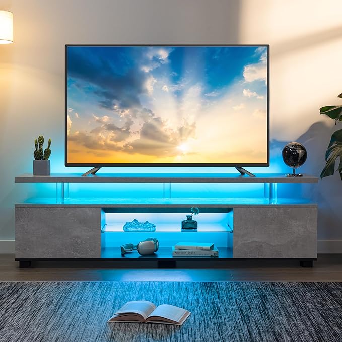 Grey TV Stands for Living Room,Glass TV Stand, LED TV Stand for 75+ inch TV,Entertainment Center for Living Room,Bedroom,Home Office