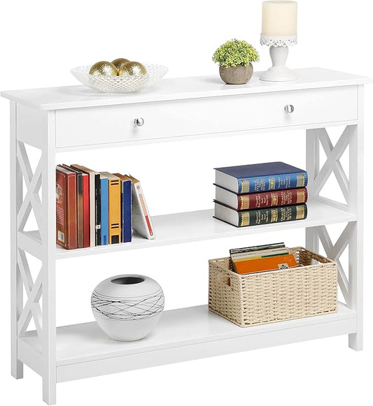 Yaheetech Console Table with Drawer, 3-Tier Entryway Table with Storage Shelves, Wood Narrow Sofa Table for Entryway/Hallway/Living Room, White