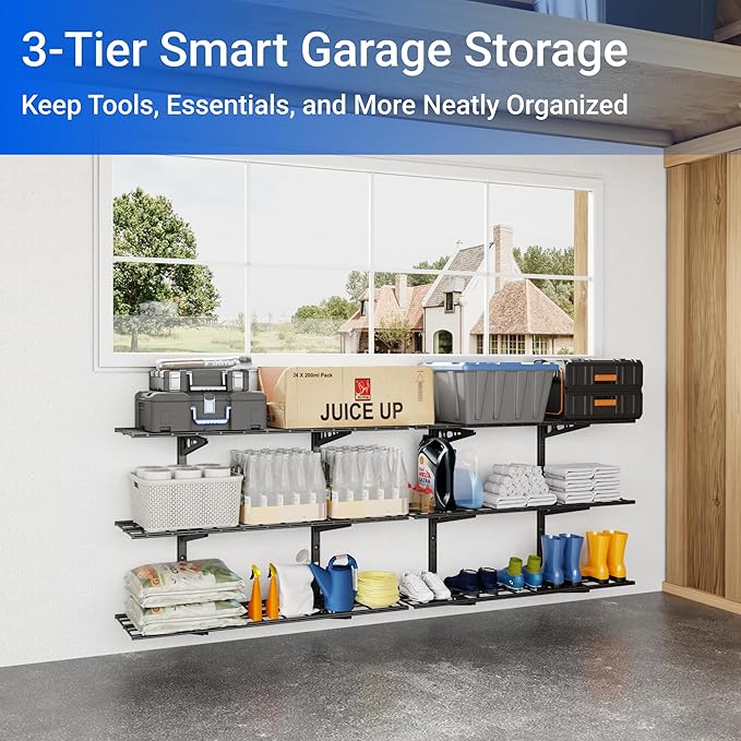 FLEXIMOUNTS 3-Tier 1x4ft Garage Storage Wall Shelving, 12x48inch per Shelf Height Adjustable Floating Shelves, Heavy Duty Wall Mounted Shelve, 600lbs Weight Capacity, Black, Classic Series