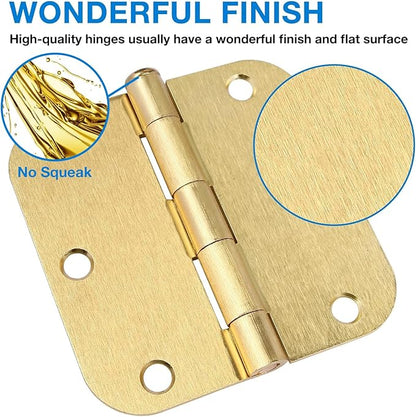 Door Hinges Satin Brass 3.5 Inch x 3.5" Interior Gold Door Hinges for Doors 6 Pack Brushed Brass Door Hinges 3-1/2" Rounded 5/8"Radius Corners Bedroom Residential Standard Indoor Door Hardware Hinge