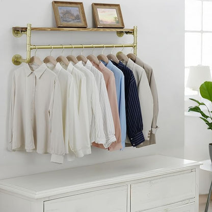 WEBI Wall Mounted Clothes Rack with Shelf,41.3" Industrial Pipe Clothing Rack with Shelf with Hanging Rod,Heavy Duty Iron Garment Rack Bar,Retail Display Clothes Rod for Laundry Room,Closet,Gold
