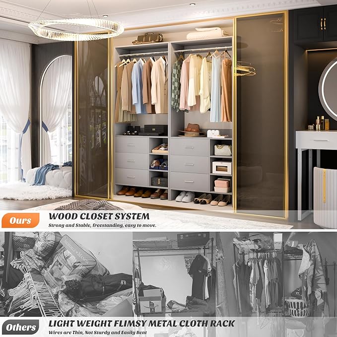 Aheaplus Closet System with 3 Drawers and Shelves, 29.6’’ Closet Organizer, 2.5FT Wood Closet Organizer System, Walk-in Closet or Small Closets Wardrobe, Clothes Rack with Hanging Rods,-E3, Grey
