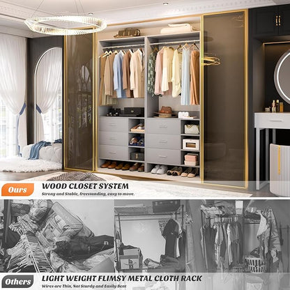 Aheaplus Closet System with 3 Drawers and Shelves, 29.6’’ Closet Organizer, 2.5FT Wood Closet Organizer System, Walk-in Closet or Small Closets Wardrobe, Clothes Rack with Hanging Rods,-E3, Grey