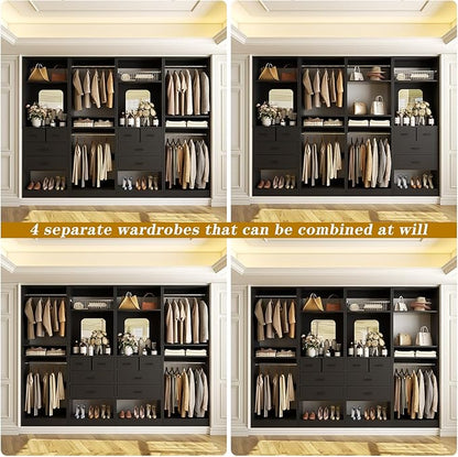 Unikito 100” Closet System with Drawers, 8.3FT Wood Closet Organizer with Hanging Rods and Mirror Design, Reversible Large Walk in Wardrobe Garment Rack with Shelves, Sturdy Closet Tower, Black