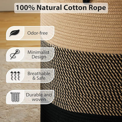 58L Large Woven Laundry Hamper by Fiona's magic, Tall Cotton Rope Laundry Basket, Boho Storage Basket for Blankets, Toys and Clothes Hamper for Bedroom and Living Room Organizing, Brown & Black
