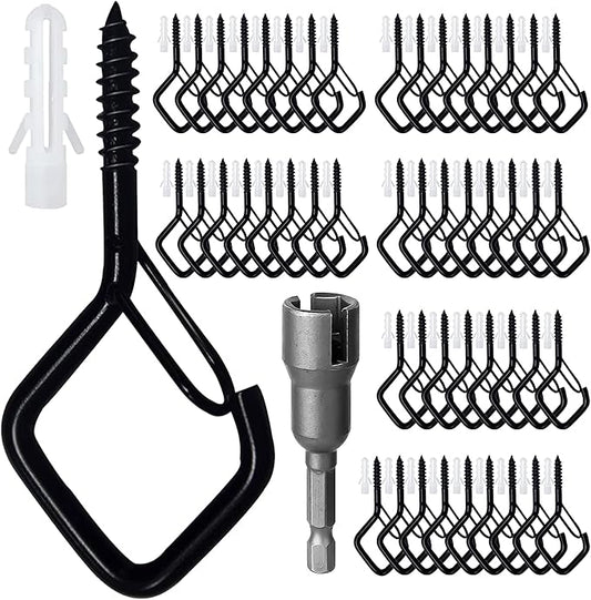50 Pcs Outdoor Hooks for String Lights,Screw Hooks for Hanging Plants,Ceiling Hooks with Safety Buckle,Square Hanger for Wind Chimes,Bird Feeder,Lanterns,Christmas Decorations (Black)