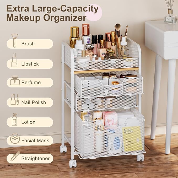 Rolling Makeup Cart Organizer with 3 Drawers, Floor Skincare Organizers with Wheels, Cosmetics Display Cases, Vanity Storage Organizer for Skin Care Perfume Nail Polish, White