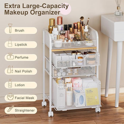 Rolling Makeup Cart Organizer with 3 Drawers, Floor Skincare Organizers with Wheels, Cosmetics Display Cases, Vanity Storage Organizer for Skin Care Perfume Nail Polish, White