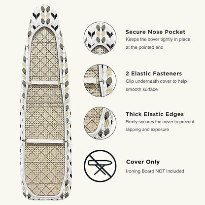 Ironing Board Cover and Pad 15"x54" Extra Thick Natural Cotton, Scorch and Stain Resistant Padding, Standard Size Iron Board Cover with Fasteners Heavy Duty Elastic Edge, Heatproof Foliage