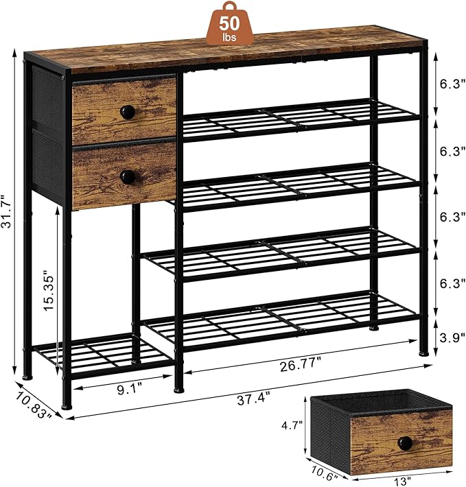 5-Tier Shoe Rack with 2 Fabric Drawers, Metal Frame and Wooden Board Shoe Organizer for 16-20 Pairs of Shoes, Shoe Shelf with Boots Storage for Entryway Closet Rustic Brown