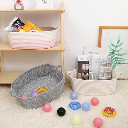 ABenkle Small Storage Basket with Handles, Cotton Rope Woven Dog Cat Toy Bin, Decorative Shelves Closet Organizing for Nursery Laundry Bedroom Bathroom, 14.2''x 11''x 5.1''