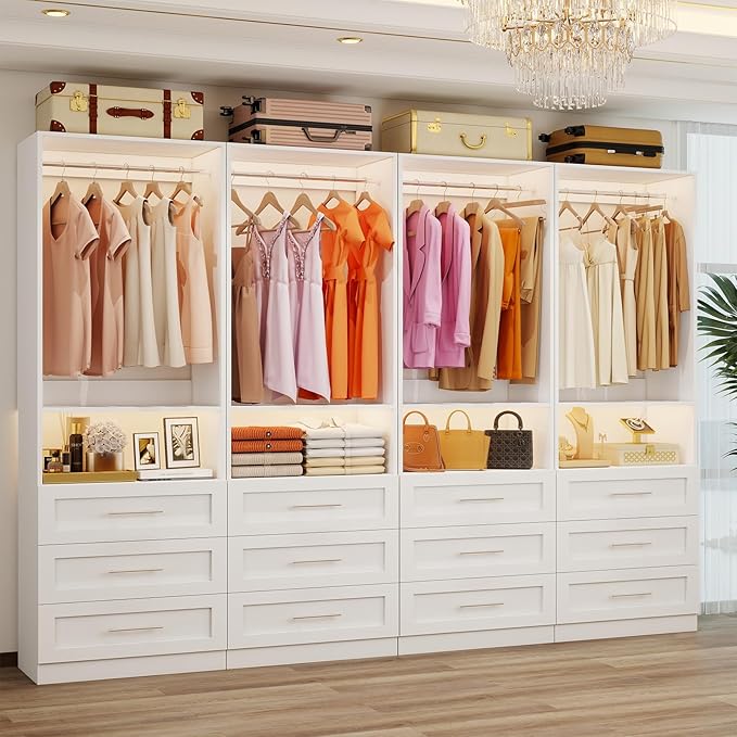 Closet System with 2 Sets, 4FT-10FT Customizable Closet Organizer System with 6 Wooden Drawers & 2 Shelves, Walk-in Closet or Freestanding Tower Closet Storage System with 4 Hanging Rods, White