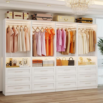 Closet System with 2 Sets, 4FT-10FT Customizable Closet Organizer System with 6 Wooden Drawers & 2 Shelves, Walk-in Closet or Freestanding Tower Closet Storage System with 4 Hanging Rods, White
