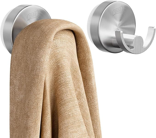 TAILI 304 Stainless Steel Bathroom Suction Hooks for Towel, Bathrobe, Loofah, Patented Strong Suction Cup Holder, No Damage Hanging Glass Shower Wall Hook, Double-Hook Sleek Design, 2 Pack, Silver