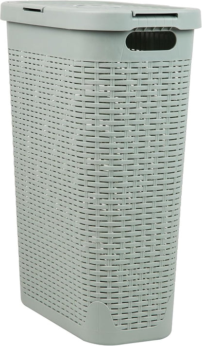 Mind Reader Slim Laundry Hamper with Lid, 40L Clothes Basket, Premium Wicker Design, Plastic, Mint