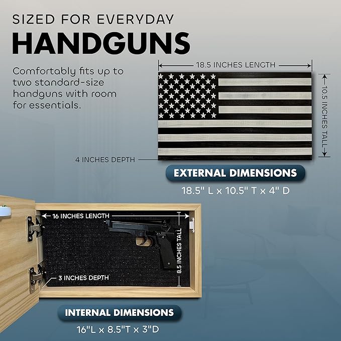 American Flag Hidden Gun Safe - Quick Access Hidden Gun Shelf - Concealment Shelf with Magnetic Lock - Wall Gun Safe for Secure Firearm Storage - Handcrafted In USA by Bellewood Designs (Carbon Gray)