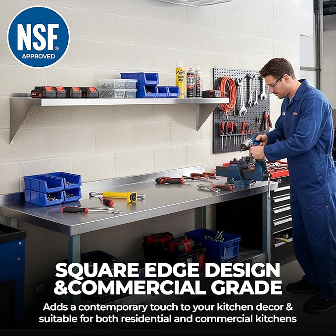 Stainless Steel Wall Shelf | Square Edge | Metal Shelving | Heavy Duty | Commercial Grade | Wall Mount | NSF Certified (14” Width x 30” Length)