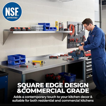 12" Width x 36" Length | Stainless Steel Wall Shelf | Square Edge | Metal Shelving | Heavy Duty | Commercial Grade | Wall Mount | NSF Certified (12" Width x 24" Length)