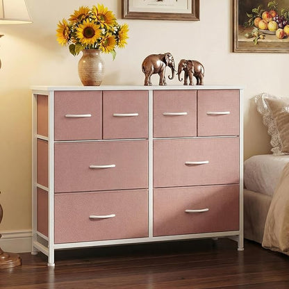 DUMOS TV Stand, Dresser with 8 Fabric Drawers, Spacious Storage Tower for Closet, TV Stand with Wood Top and Mental Frame, Storage Unit for Living Rooms, Bedroom and Entryway, Pink