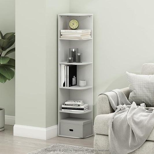 Furinno PASIR Book Shelf, 5-Tier Corner Bookshelf, Open Shelves Bookcase 9.3 x 12 x 51.7, for Living Room, Bedroom, Home Office, White
