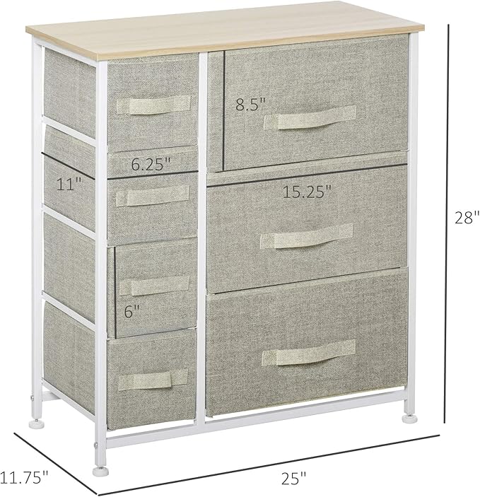 HOMCOM 7-Drawer Dresser Storage Tower Cabinet Organizer Unit, Easy Pull Fabric Bins with Metal Frame for Bedroom, Closets, Light Gray