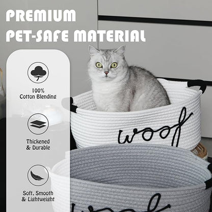 Sea Team Dog Toy Storage Basket with Handles, 16.5 x 11 x 7 Inches, 4.4 Gallons Large Cotton Rope Storage Bin, Shelf Basket, Organizer for Pet Chew Toys, Foods, White Woof