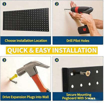 2 PCS Metal Pegboard Panels, 24"X24" Peg Board Wall Organizer with Flexible Layout for Garage Storage, Workshop, Kitchen and Craft Room Tool Organization