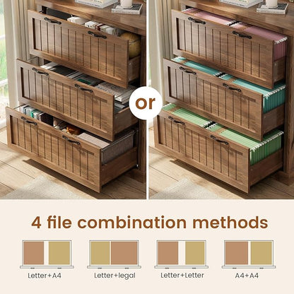 SEDETA 3 Drawer File Cabinet, Farmhouse Filing Cabinet for Home Office, Wood Office File Cabinets for Letter/Legal/A4 Size, Lateral File Cabinets with Printer Stand for Study Room, Living Room (Brown)