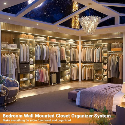 Upgraded 96 Closet System with 18 Storage Place, 8FT Closet Organizers System with 13 Shelves and 2 Wooden Drawers, 96'' Walk-in Closet with 4 Hanging Rods, Adjustable Garment Rack, Oak