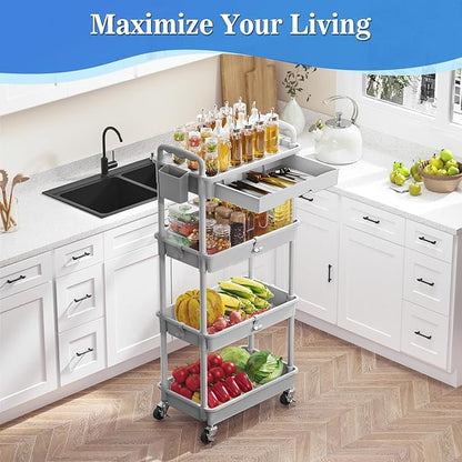 4 Tier Rolling Utility Cart with Drawer, Storage Organizer Cart with 2 Lockable Wheels, Multifunctional Rolling Storage Cart for Bathroom, Kitchen, Craft, Makeup, Baby Essentials, Gray
