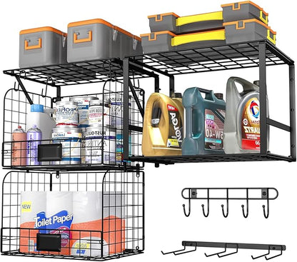 Garage Shelf Wall Mounted with Wire baskets, Heavy Duty Garage Wall Shelving with Garden Tool Rack and Hooks, Wire Shelf Baskets Tool Organizer for Home Garden Yard Organization and Storage