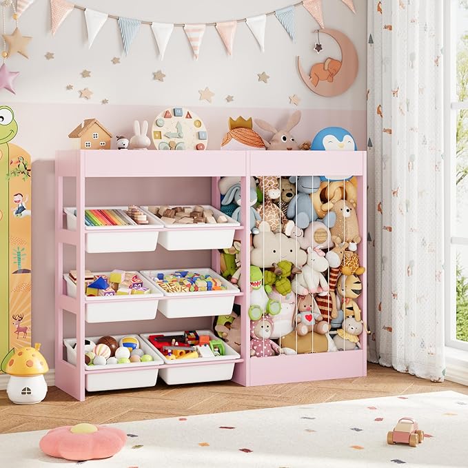 50.6" W Toy Organizers and Storage, 3-in-1 Kids Toy Storage Cabinet with Stuffed Animal Holder, 6 Plastic Removable Bins, Wooden Shelf for Girls Boys Playroom, Nursery, Kids Room(Pink)