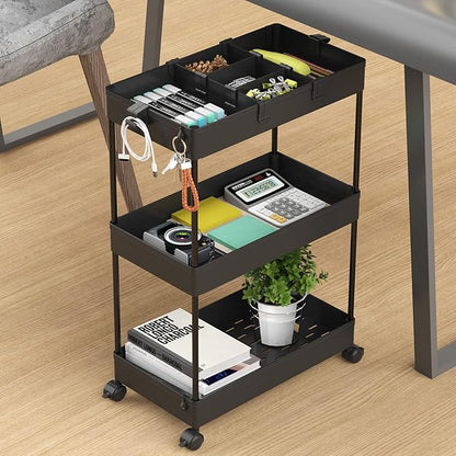 SPACELEAD 3 Tier Rolling Cart with Wheels, Storage Craft Art Trolley Organizer Serving, 3 Hanging Baskets Easy Assembly, for Office, Bathroom，Living Room, Kitchen, Black