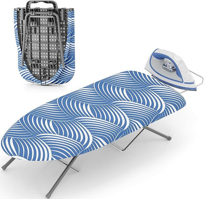 KINGBOARD Tabletop Ironing Board, Small Ironing Boards with Iron Rest, Folding Iron Board, Extra Thick Cover, Portable Tabletop Ironing Board with Non-Slip Feet, 30x12 Blue and White