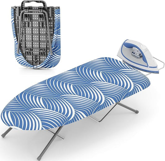 KINGBOARD Tabletop Ironing Board, Small Ironing Boards with Iron Rest, Folding Iron Board, Extra Thick Cover, Portable Tabletop Ironing Board with Non-Slip Feet, 30x12 Blue and White