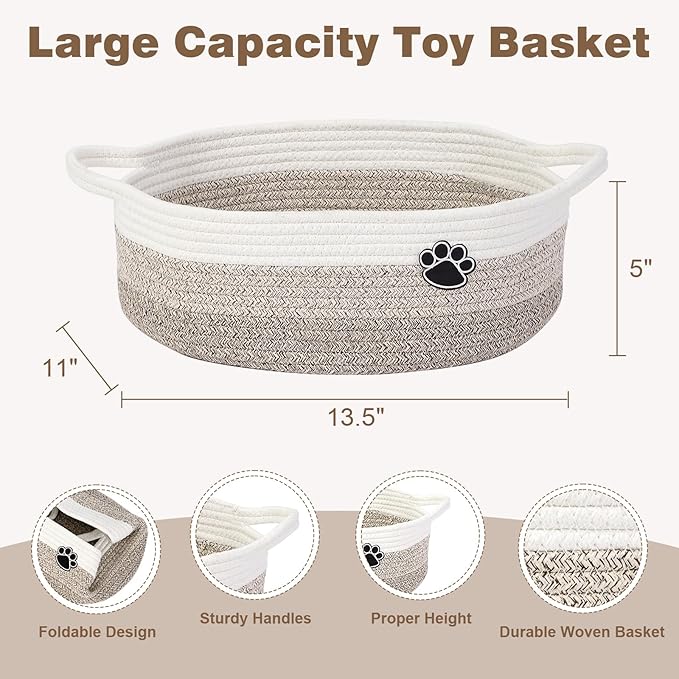 Dog Toy Basket, Toy Box and Bin for Dog Cat Storage, 13.5" X 11" X 5" Small Woven Rope Basket for Baby Storage, Closet, Living Room, White & Brown